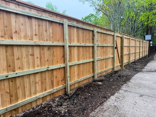Frame side of a capped cedar privacy fence