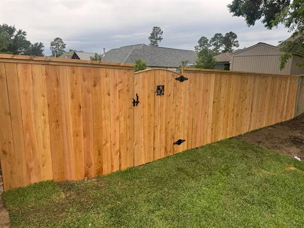 Cedar privacy fence with arched gate and iron hardware