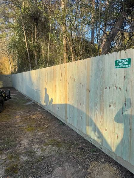 Treated pine privacy fence with the Steven's Fencing sign