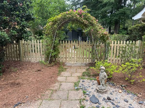 Picket fence and gate beneath a rose-covered garden arch