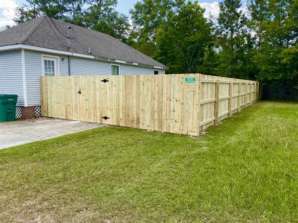 Treated pine privacy fence and gate beside a cottage driveway
