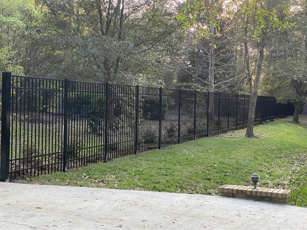 Black aluminum fence along a wooded backyard