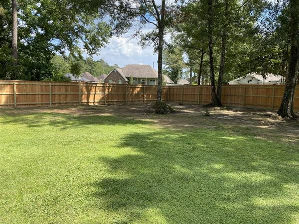 Treated pine privacy fence around a large shaded backyard