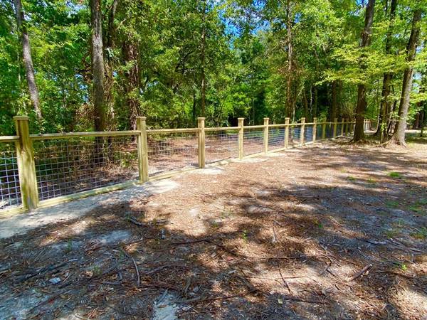 Wood-framed wire fence along a wooded property line
